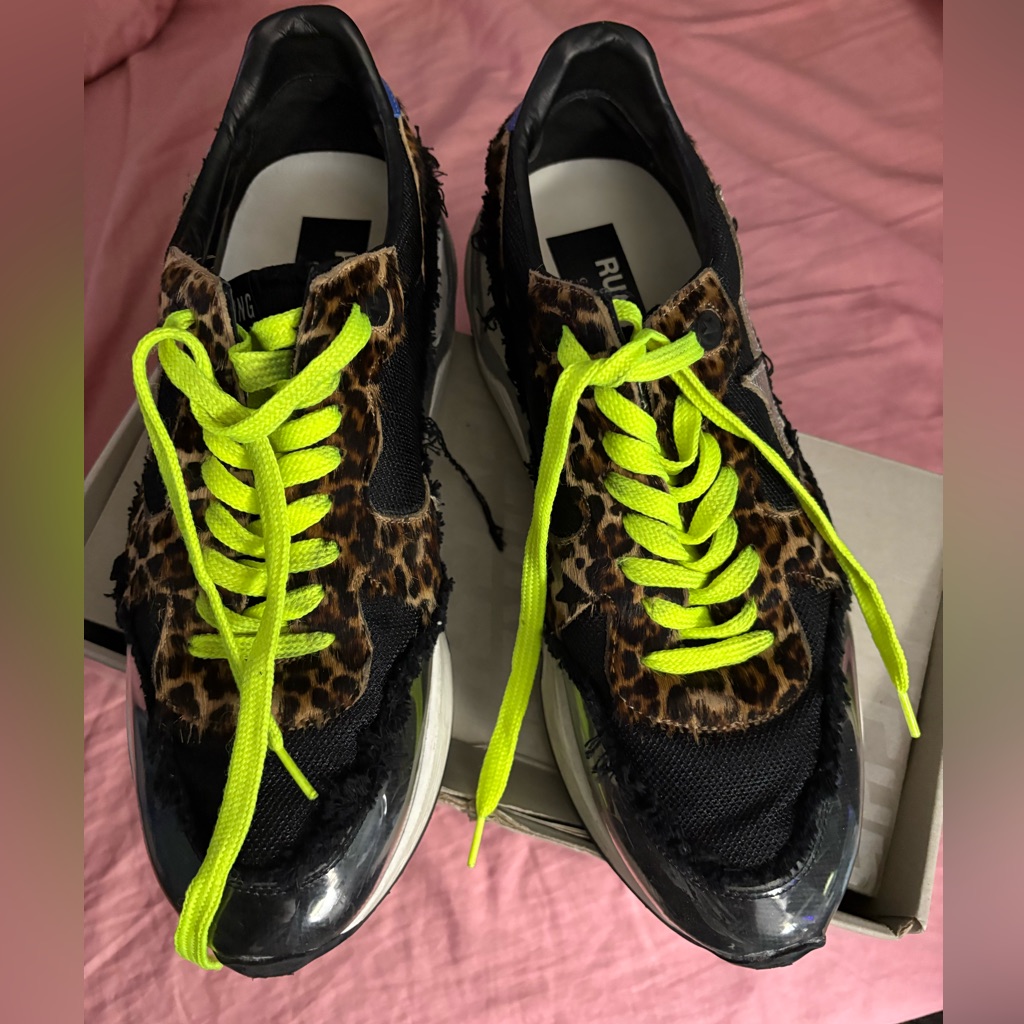Golden Goose Men’s Leopard Print Sneakers With Neon Yellow Laces